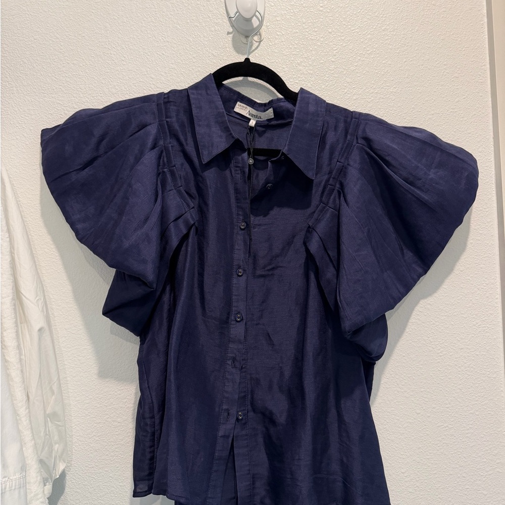 Chic Navy Button Down Shirt with Puff Sleeves
